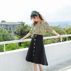 Leaf Print Elbow-sleeve Blouse / Heart Button Midi A-line Skirt