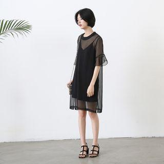 Set: Elbow Sleeve Chiffon Dress + Slipdress