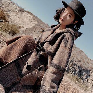 Plaid Double-breasted Coat / Hooded Toggle Coat