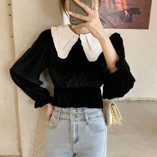 Long-sleeve Peter Pan Collar Plain Panel Velvet Top