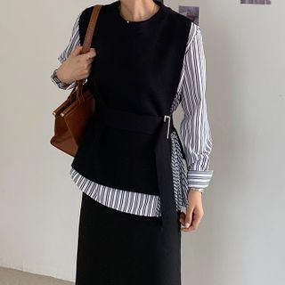 Set: Long-sleeve Striped Shirt + Buckled Knit Vest Set Of 2 - Shirt & Vest - One Size