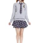 Set: Applique Shirt + V-neck Pullover + Plaid Skirt