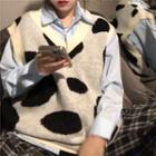Cow Print V-neck Loose-fit Sweater Vest As Shown In Figure - One Size