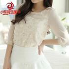 Faux Pearl Flower Embroidered 3/4 Sleeve Chiffon Top