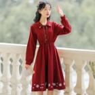 Puff-sleeve Snowflake Embroidered A-line Dress