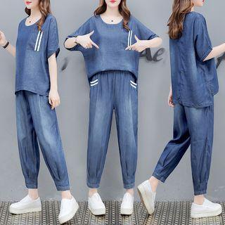 Set: Elbow-sleeve Denim Top + Harem Pants