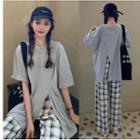 Short-sleeve Side-slit T-shirt / Plaid Wide-leg Pants