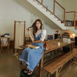 Set: Puff-shoulder Top + Denim Pinafore Dress Blue - One Size