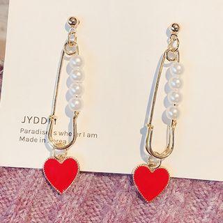 Faux Pearl Safety Pin & Heart Drop Earring A239 - 1 Pair - Gold & Red - One Size
