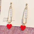 Faux Pearl Safety Pin & Heart Drop Earring A239 - 1 Pair - Gold & Red - One Size