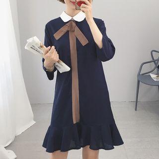 Bow Accent 3/4 Sleeve Collared Dress