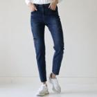 Fleece-lining Ripped Tapered Jeans