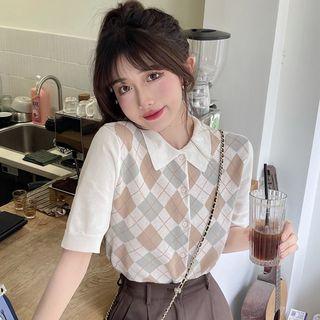 Short-sleeve Polo-neck Argyle Button-up Knit Top