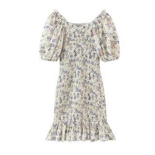 Off-shoulder Floral Print Smocked A-line Dress