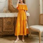 Short-sleeve Off-shoulder Tiered Midi A-line Dress