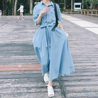 Elbow-sleeve Denim Maxi A-line Shirtdress