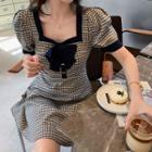Puff Sleeve Square Neck Bow Accent Check A-line Dress