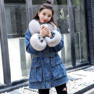 Furry Trim Buttoned Denim Coat