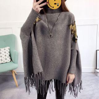 Fringed Embroidered Turtleneck Sweater