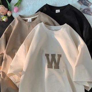 Short-sleeve Lettering Faux Suede T-shirt