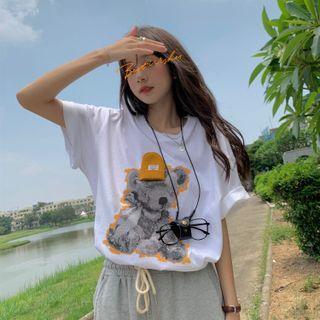 Elbow-sleeve Graphic Print Top