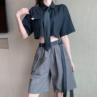 Cropped Short-sleeve Shirt / Tie / Detachable Cropped Harem Pants / Belt / Set