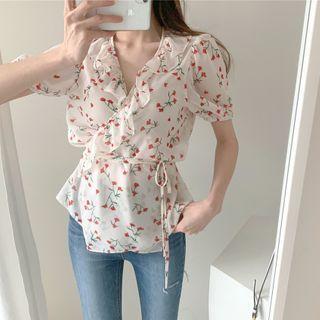 Floral V-neck Short-sleeve Slim-fit Blouse