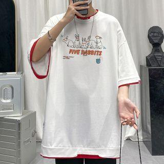 Mock Two-piece Short-sleeve Rabbit Print T-shirt