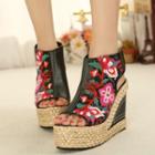 Embroidered Wedge-heel Platform Sandals