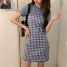 Short-sleeve Heart Applique T-shirt / Spaghetti-strap Gingham Mini Dress