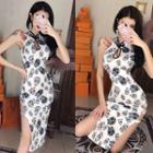 Traditional Chinese Sleeveless Skull Patterned Bodycon Dress