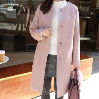 Crew-neck Snap-button Wool Blend Coat