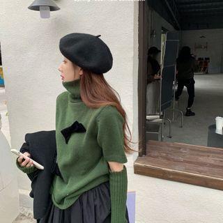 Short-sleeve Turtleneck Bow Sweater With Arm Sleeves
