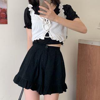 Puff-sleeve Crop Top / Spaghetti Strap Frill Trim Crop Top / High-waist Mini Skort
