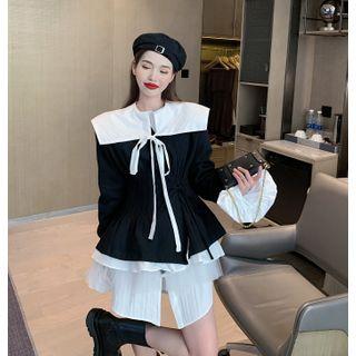 Long-sleeve Sailor Collar Mini A-line Shirtdress / Tie-waist Jacket