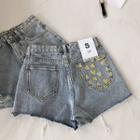 Lettering Embroidered Asymmetric Frayed Denim Shorts