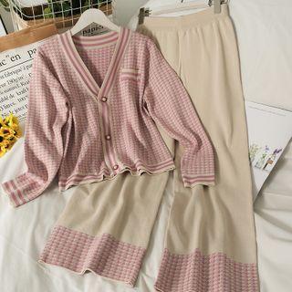Set: Stripe-trim Houndstooth Cardigan + Wide-leg Pants