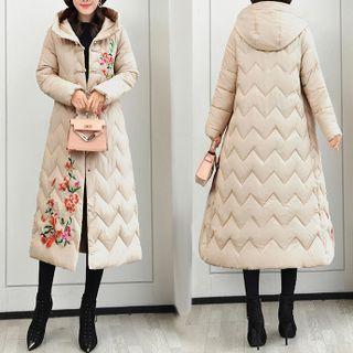 Flower Embroidered Hooded Long Padded Jacket