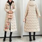 Flower Embroidered Hooded Long Padded Jacket