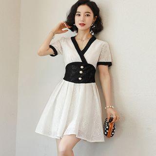 Short-sleeve Color Block Lace A-line Mini Dress