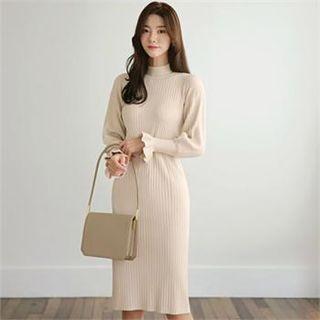 Mock-neck Frill-cuff Rib-knit Dress