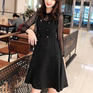 Mock Two-piece 3/4-sleeve Lace Panel Mini A-line Corduroy Dress