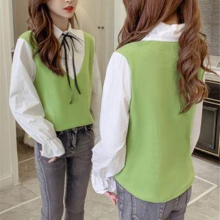 Mock Two Piece Tie Neck Color Block Shirt
