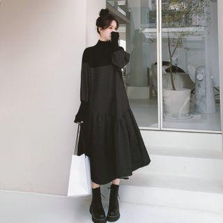 Stand-collar Panel A-line Dress