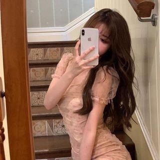 Puff-sleeve Mesh Mini Sheath Dress Pink - One Size