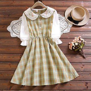 Long-sleeve Flower Embroidered Plaid A-line Dress