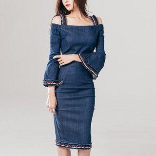 Off-shoulder Denim Sheath Dress