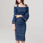 Off-shoulder Denim Sheath Dress