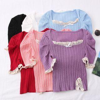 Lace-trim Slited Light Knit Top In 6 Colors