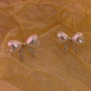 Bow Faux Pearl Earring 1 Pair - S925 - Silver - Ear Stud Earring - Gold - One Size